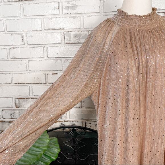 Nina Leonard Rose Gold Metallic Chiffon Sheer Mock Neck Cocktail Midi Dress - Picture 11 of 16